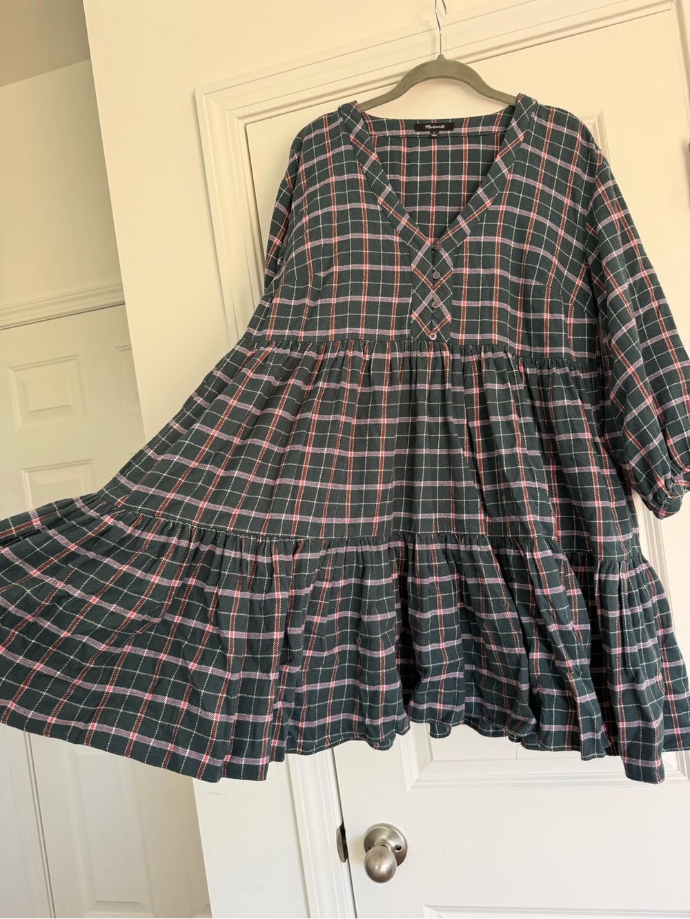 Plaid Tiered Dress in Dark Green and Red